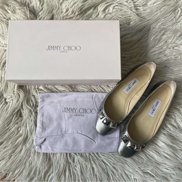 Jimmy Choo Watson Silver Metallic Calf Leather Studded Accents Ballet Flats 37 - Picture 5 of 12